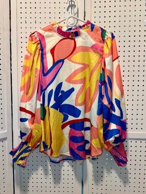 Jodifl Abstract Multi - Color Balloon Sleeve Blouse - Women's Small